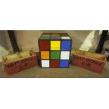 A Childs Rubix Cube Storage Box, 30cm, also with two Reproduction post office painted pine carry