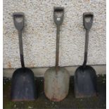 Three Assorted Vintage Railway Firemans Shovels, with wooden shafts, 110, 117cm high, (3)