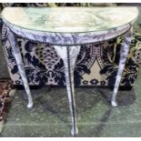 A Half Moon Hall Table, Upholstered in later fabric, 74cm high, 35cm wide, 39cm deep