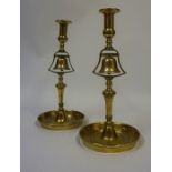 A Pair of Early Victorian Brass & Pink Brass Tavern Candlesticks, circa 1840, with a pink brass bell