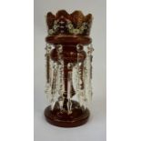 A Late Victorian Ruby Coloured Glass Lustre, Decorated with handpainted floral panels and