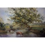British School "Cattle Drinking In Lake" Watercolour, signed Bryant to lower left, 19 x 29cm,