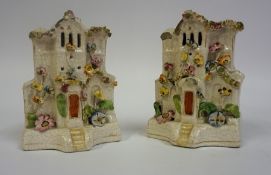 A Pair of 19th Century Staffordshire Pottery Pastille Burners, in the form of cottages, Decorated