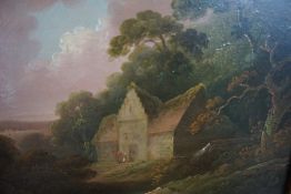 British School 19th Century "Cottage Landscape Scenes" Oil on Board, A pair, unsigned, 17 x 22.