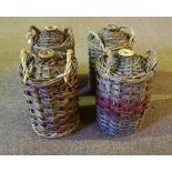 Four Stoneware One Gallon Flagons, all with woven wicker covers, (4)