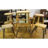 Eight Assorted Stools & Footstools, to include beech and sycamore examples, various sizes, (8)