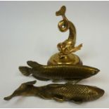 Three Assorted Brass & Gilt Metal Fish Ornaments, one example raised on a wood stand, 24cm high, 28,