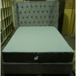 A Good Quality Modern King Size Bed, Comprising of a large padded grey velour button back headboard,