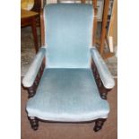 A Victorian Ladies Mahogany Parlour Armchair, Upholstered in a later blue velour, with balustrade