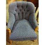 A Button Back Armchair, Upholstered in blue fabric, 72cm high, also with two assorted mahogany