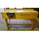 A Pine Work Bench, with attached vice by Record, no 92cm high, 136cm wide, 64cm deep