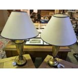 A Pair of Contemporary Brass Effect Table Lamps by Chelsom, 50cm high, with shades, fitted for
