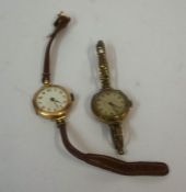 Two Vintage Ladies 9ct Gold Backed Wristwatches, one with a leather strap, the other with a flexible