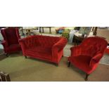 A Chesterfield Drawing Room Sofa with Matching Armchair, Upholstered in red velour, also with a