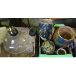 A Box of Sundry Pottery & Glass, To include Dunmore style storage jars, hanging light and assorted