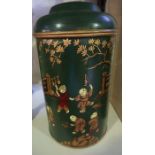 Two Chinese Style Painted Tin Tea Cannisters, Of large cylindrical form, Decorated with figures on a