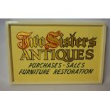 A Painted Advertising Sign, For Two Sisters Antiques- Purchases, Sales, Furniture Restoration, in