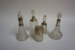 Five Assorted Silver Mounted Glass Toilet Bottles/Jars, circa early 20th century, four examples with