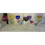 A Mixed Lot of Bohemian Style Harlequin Coloured Cut Crystal Hock & Liqueur Glasses, (14)