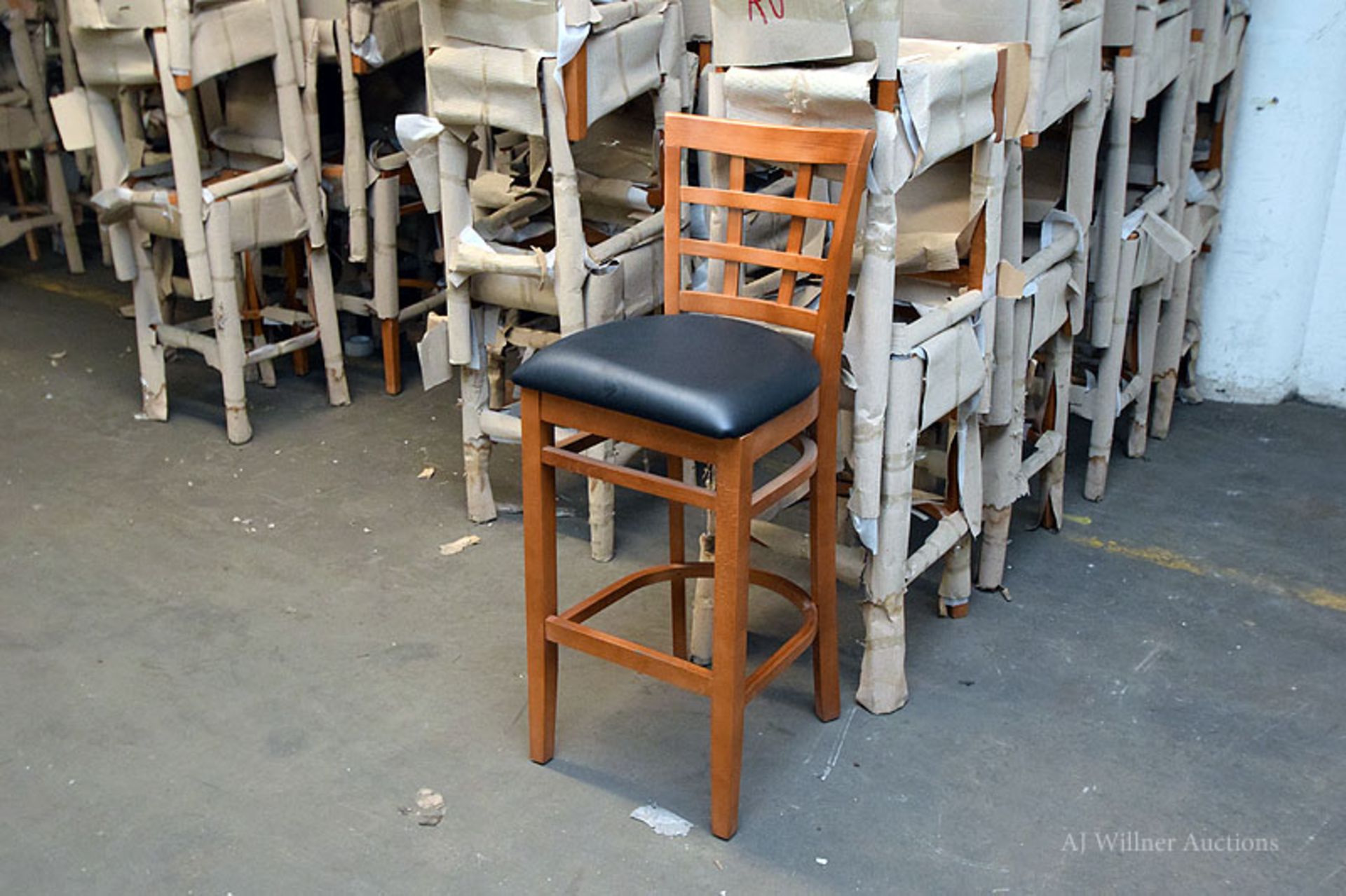 Lattice Back Beechwood Commercial Bar Stools w/ Black Upholstered Seat - Image 2 of 3