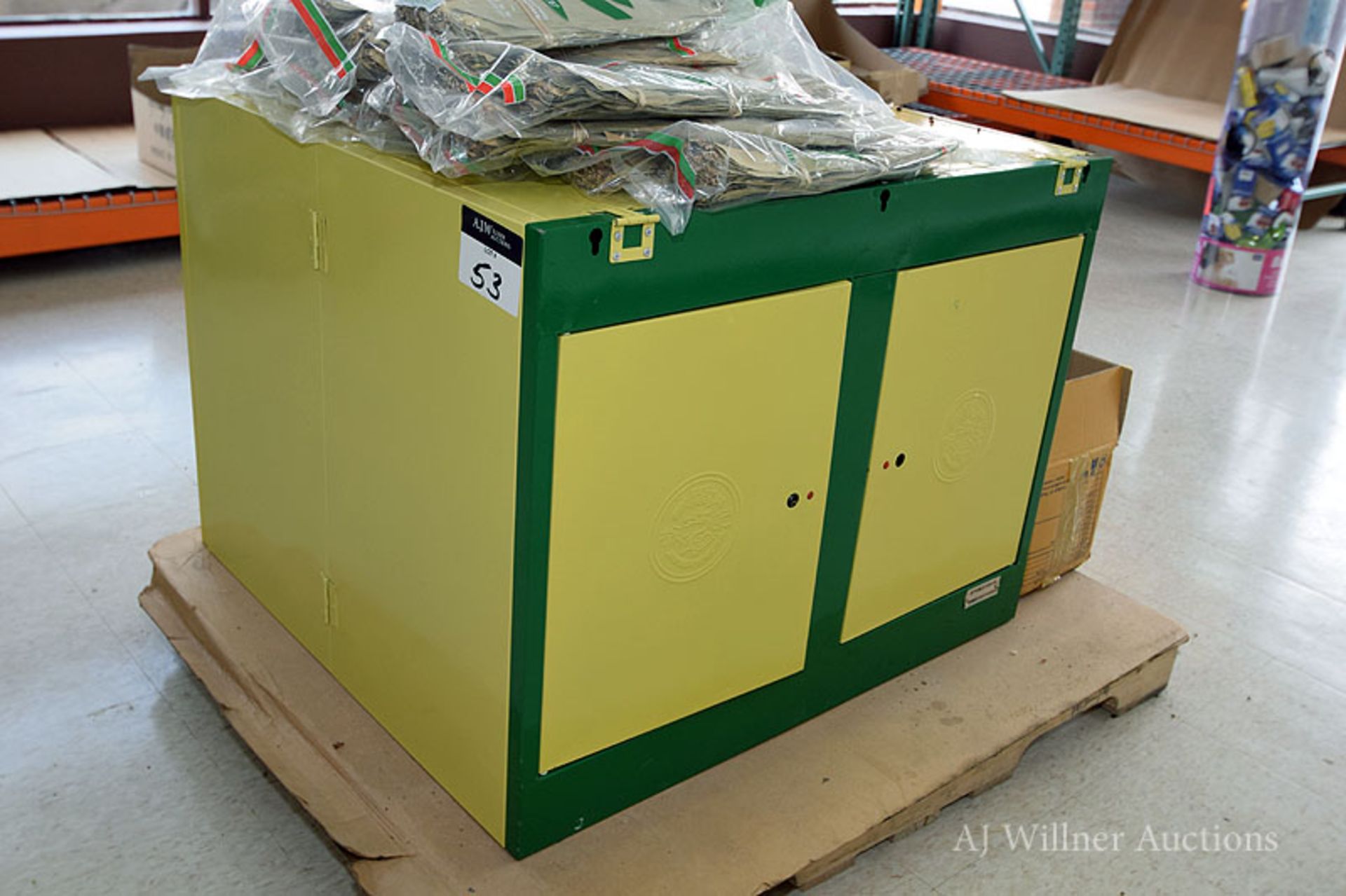 Painted Metal Cabinet w/ Embossed Chinese Writing