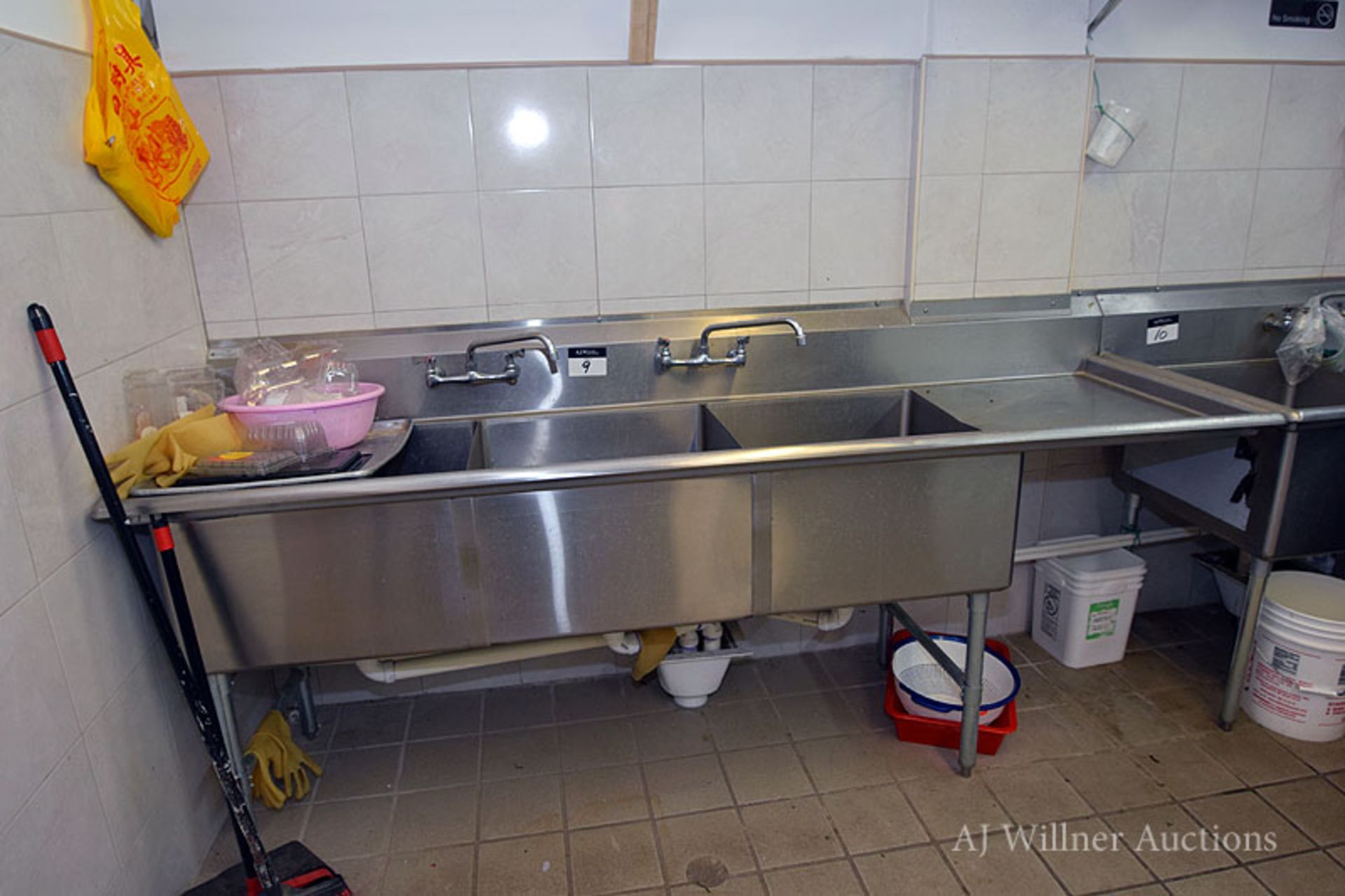 Triple Well Stainless Steel Sink w/ Right Side Drainboard & 2 Faucets