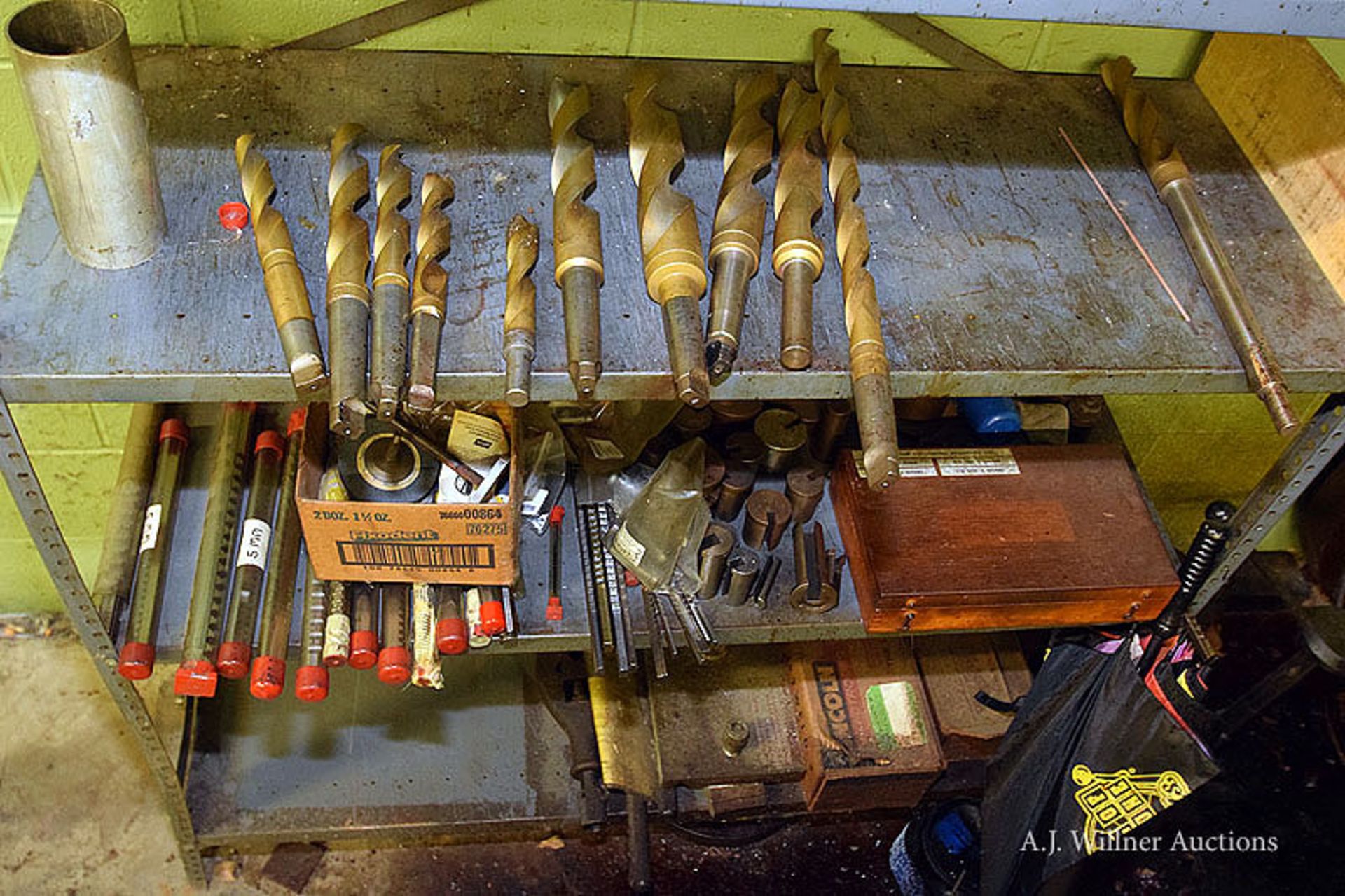 Milling Bits, Boring Bits & Lathe Accessories On 2 Shelving Units & 2 Work Benches