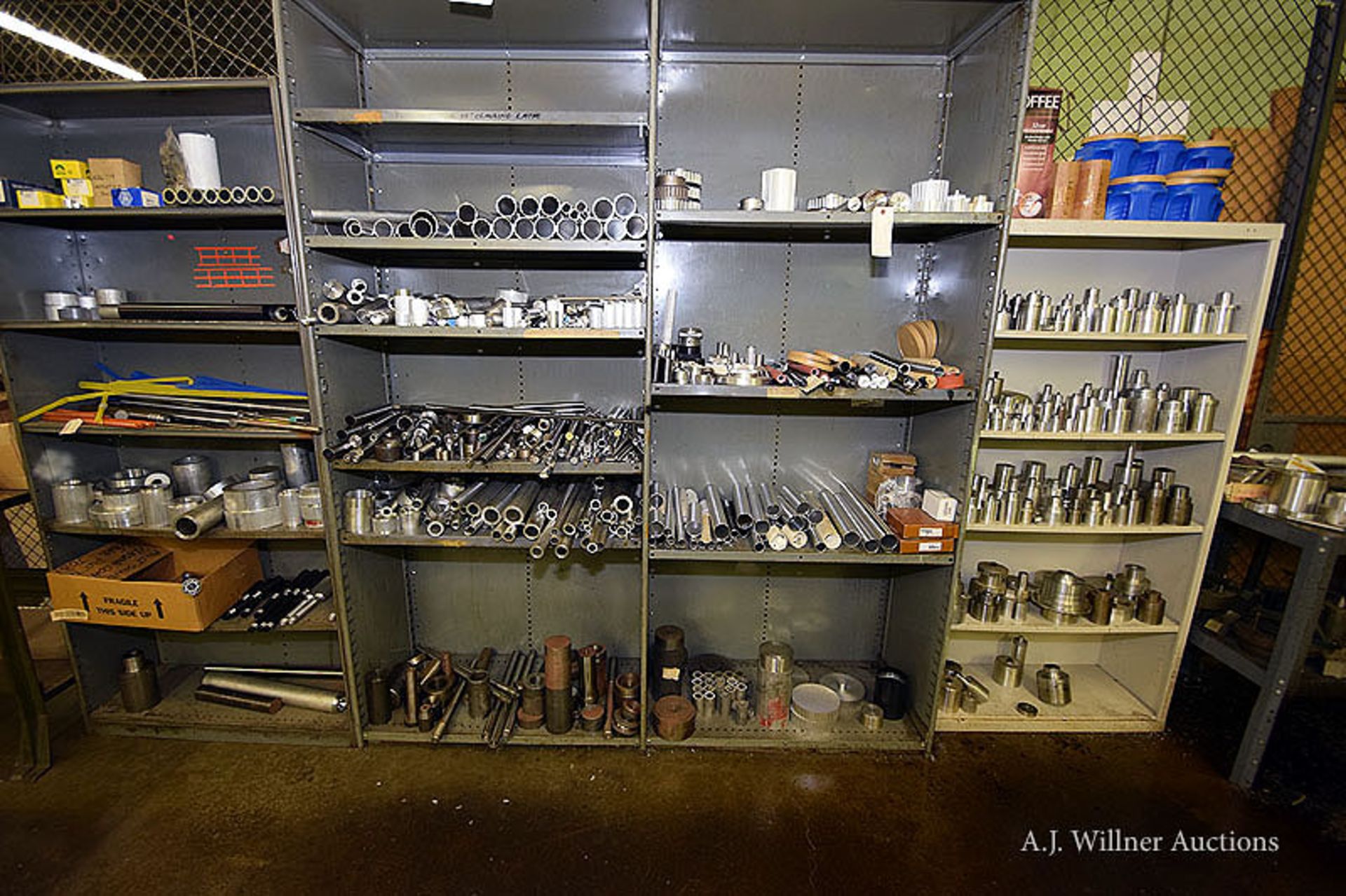 Contents On 6 Shelving Units & Work Table (Collets, Drill Bits, Milling Bits & Tubular Metal Stock)