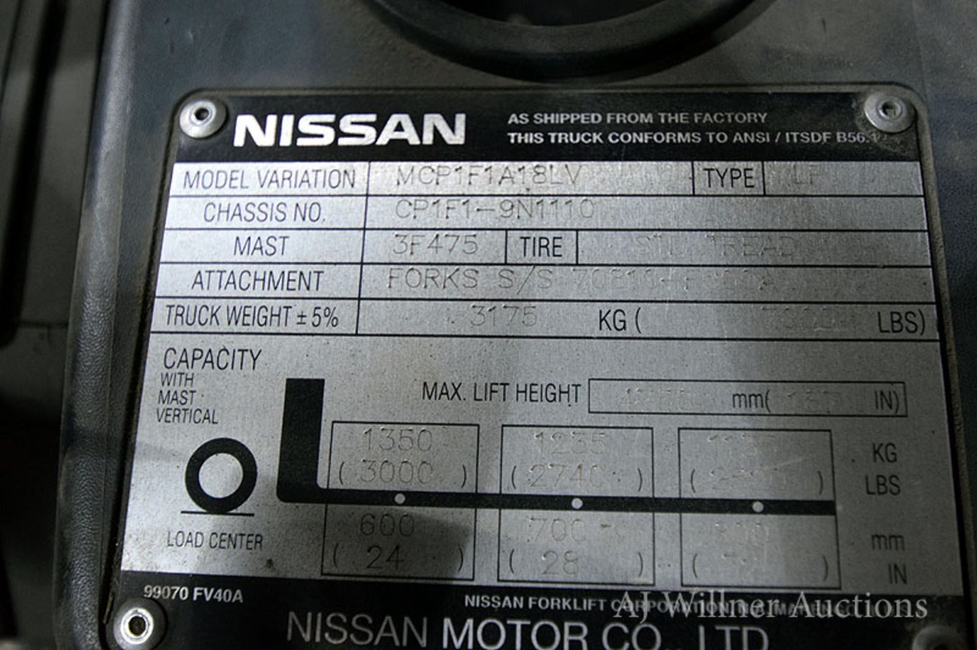 Nissan Model MCP1F1A18LV 3,000lbs Capacity LPG Forklift w/Side Shift & 188" Lift Height 6,272 - Image 2 of 7