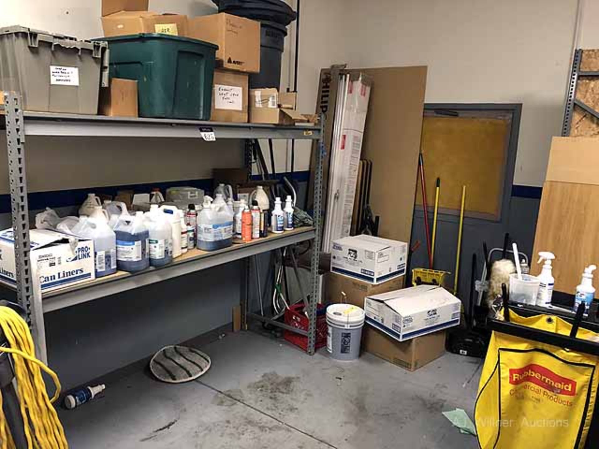 Assorted janatorial supplies (cleaners, mops, lights)