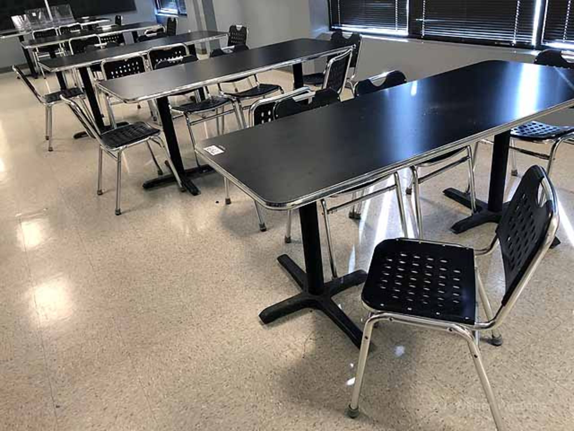 5 Formica Lunch Room Tables 72" w/ 26 polichrome stacked chairs