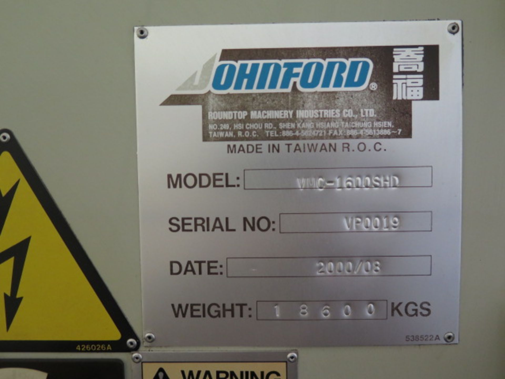 2000 Johnford VMC-1600SHD CNC Vertical Machining Center s/n VP0019 w/ Fanuc Series 18-M Controls, - Image 15 of 15