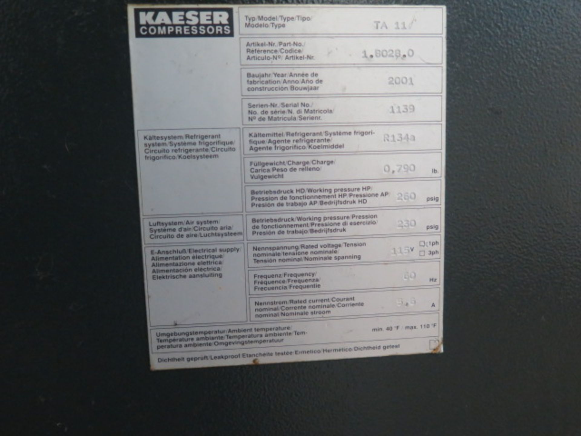 2001 Kaeser SX6 5Hp Rotary Air Compressor s/n 1065 w/ 43,839 Metered Hours, Kaeser TA11 Refrigerated - Image 7 of 8