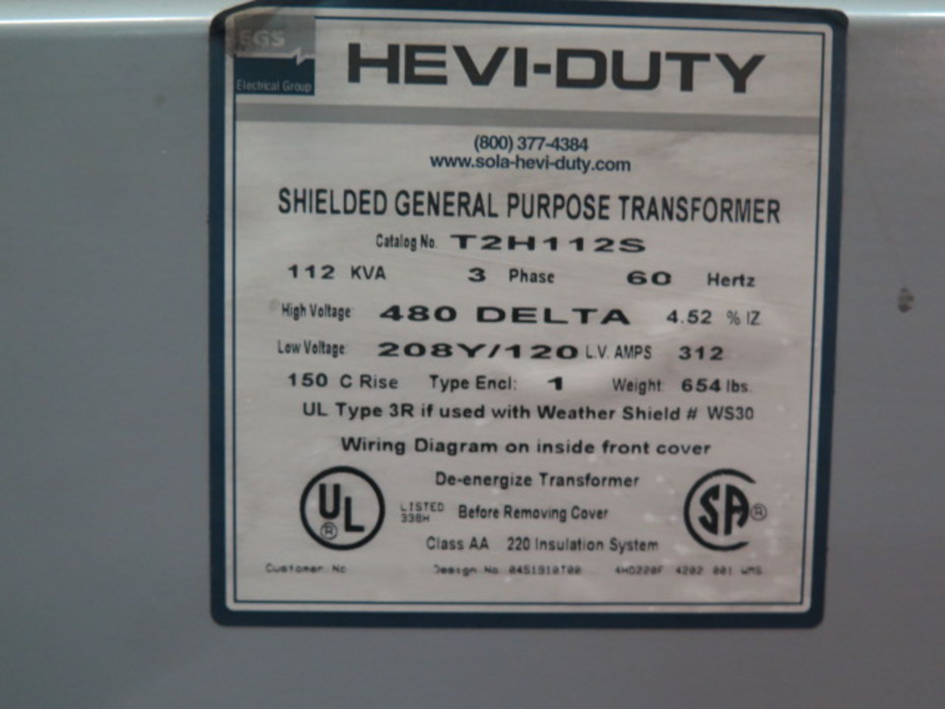 EGS 112kVA Transformer 480-208Y/120 - Image 3 of 3