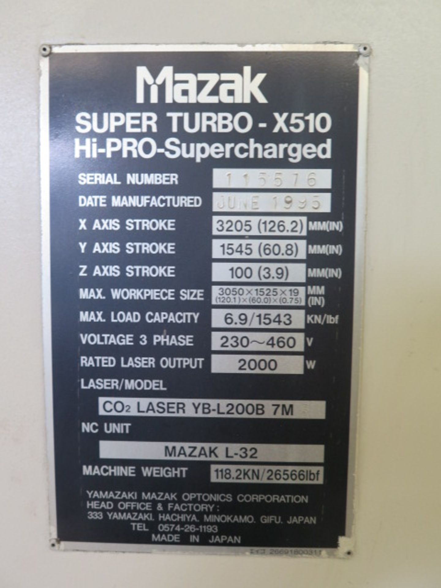 1995 Mazak Super Turbo-X510 Hi-PRO Super Charged 2000 Watt CNC Laser Contour Machine s/n 115576 w/ - Image 8 of 15