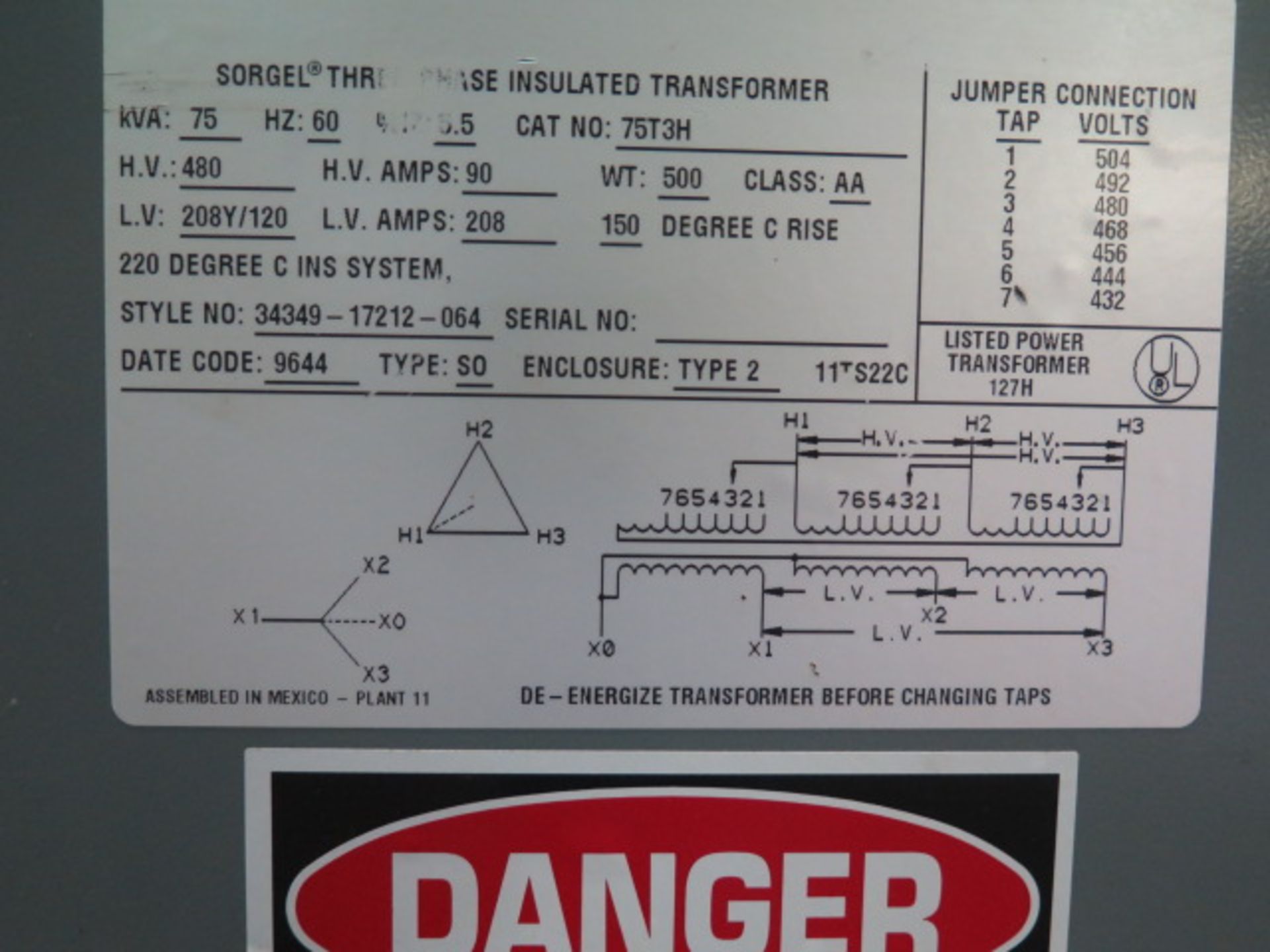 Sorgel 75kVA Transformer 480-208Y/120 - Image 3 of 3