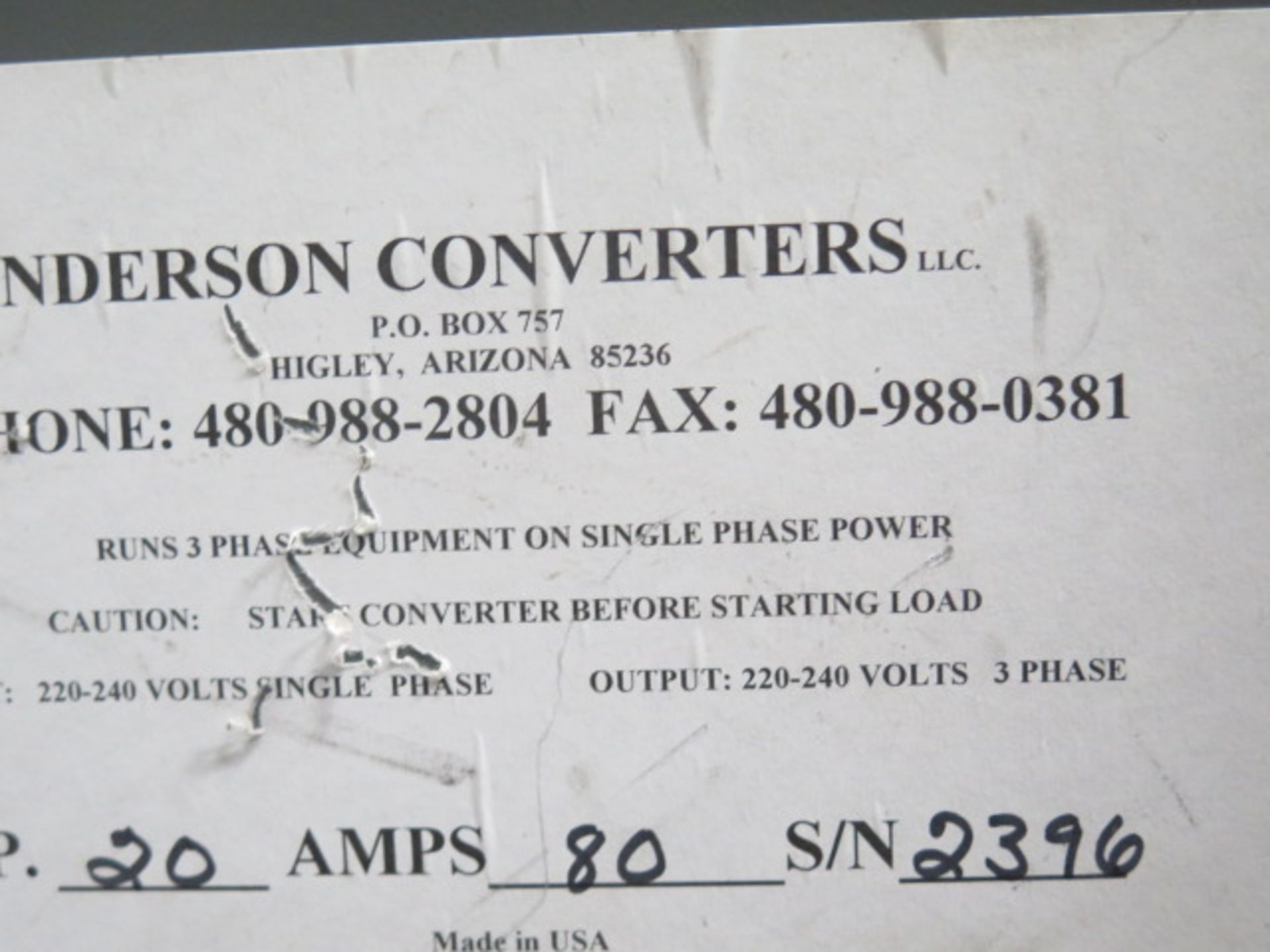 Anderson Converters 220-240 Single Phhase to 220-240 3-Phase 20Hp 80 Amp s/n 2396 - Image 2 of 2