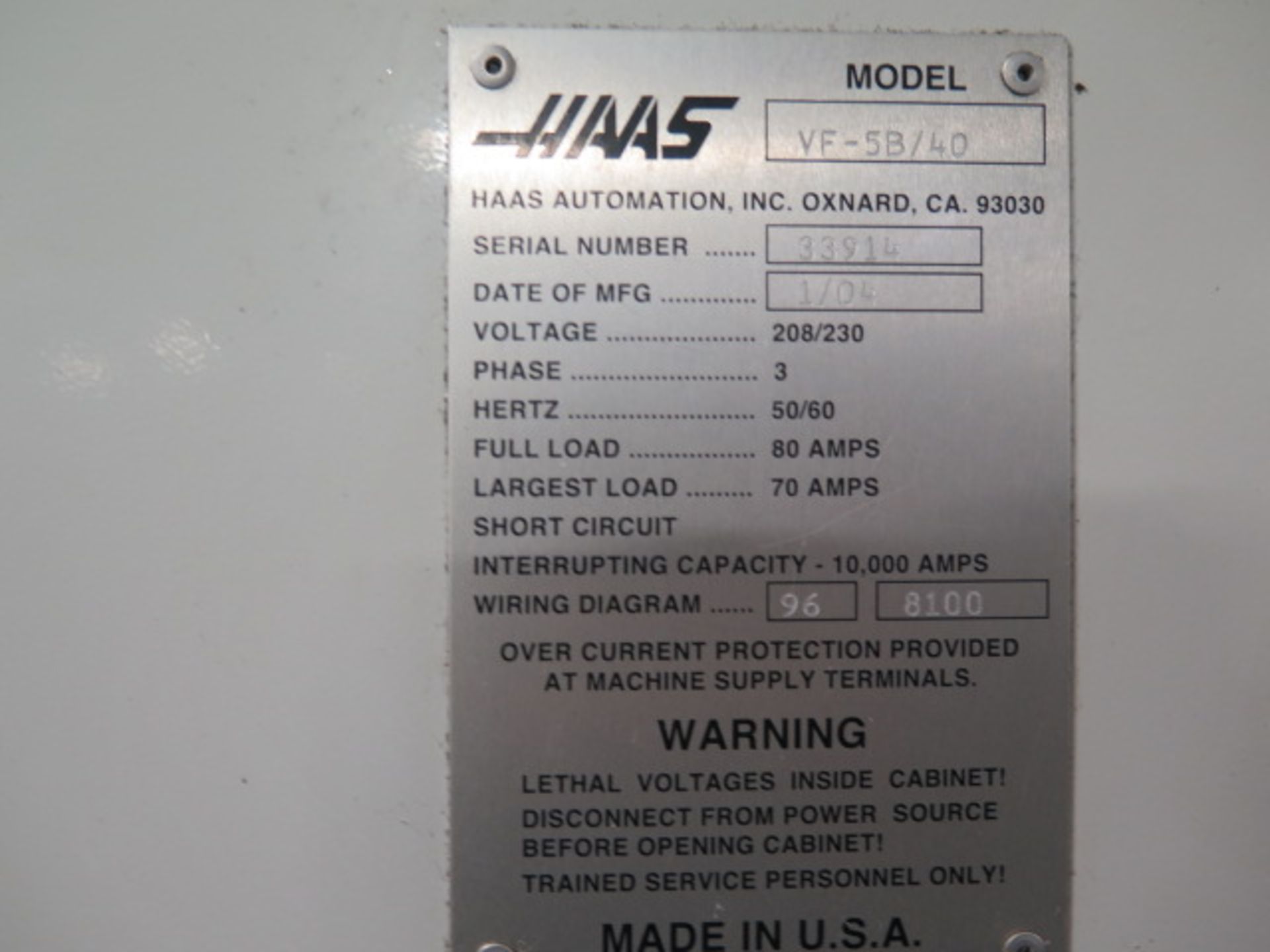 2004 Haas VF-5B/40 4-Axis CNC Vertical Machining Center s/n 33914 w/ Haas Controls, Hand Wheel, 40- - Image 11 of 11