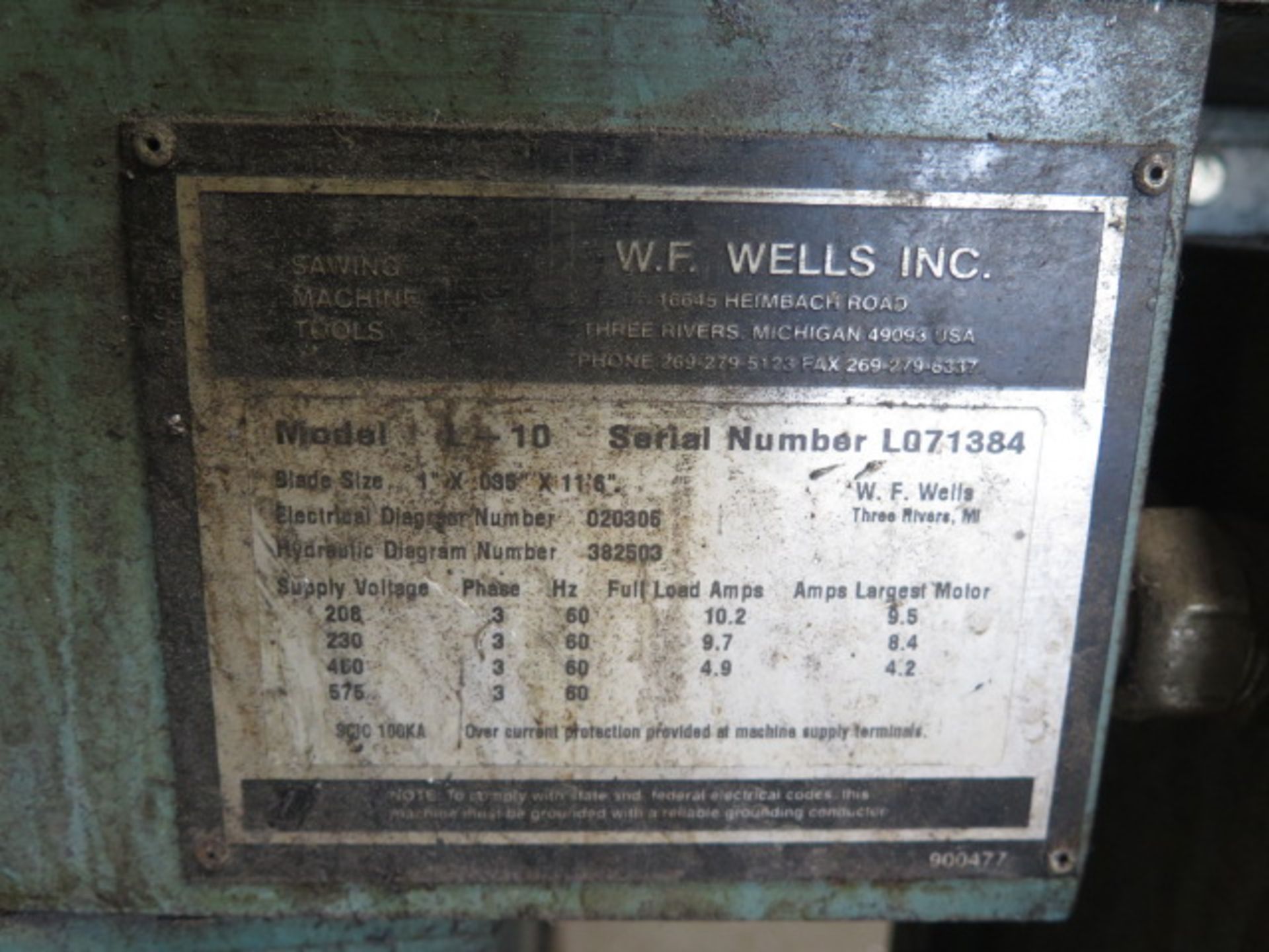 W.F.Wells mdl. L-10 10” Horizontal Band Saw s/n L071384 w/ Manual Clamping, Coolant, Conveyors - Image 9 of 9