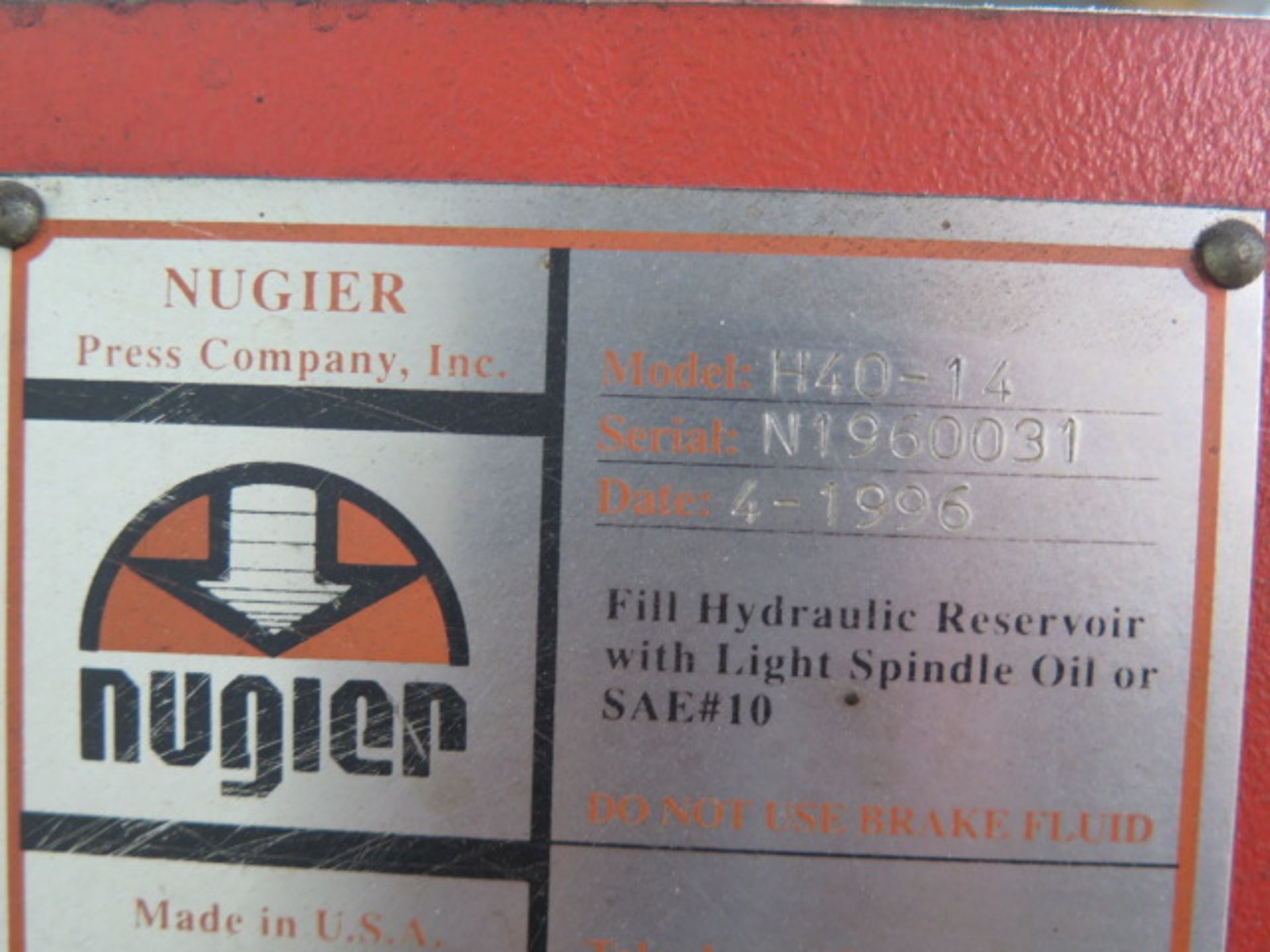 Nugier H40-14 40-Ton Hydraulic H-Frame Press s/n N1960031 w/ Enerpac Electric Hydraulic Unit - Image 8 of 8