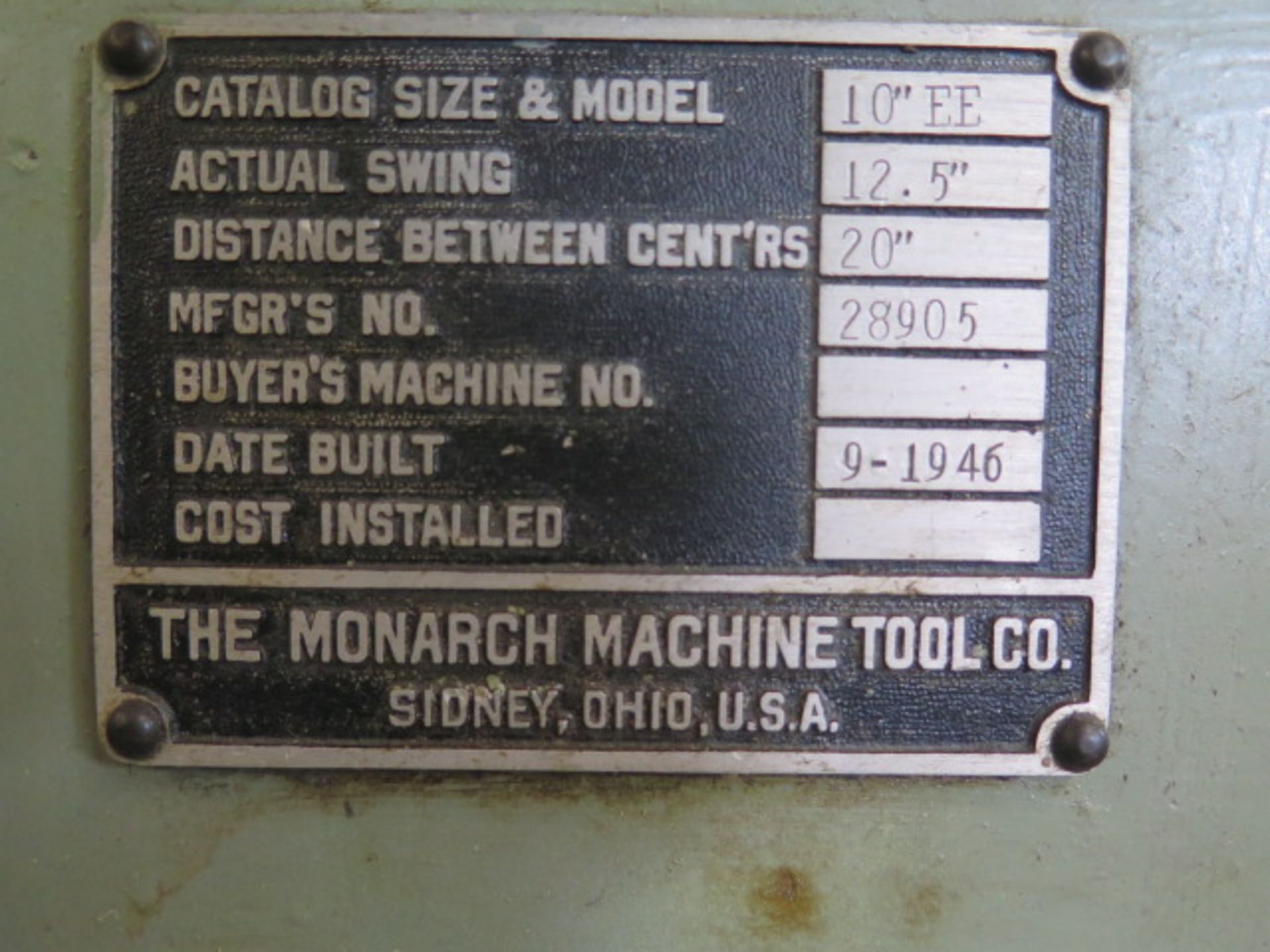 Monarch mdl. 10EE 12 ½” x 20” Tool Room Lathe s/n 28905 w/ 2500 Max RPM, Dial RPM Gage, Inch - Image 9 of 9