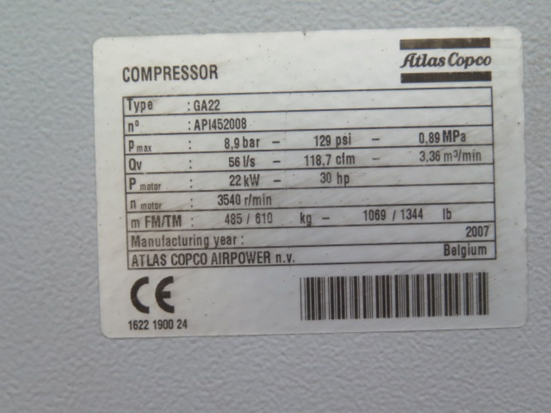 2007 Atlas Copco GA22FF 30Hp Rotary Air Compressor s/n AP1452008 w/ Elektronikon I Controls, - Image 7 of 8