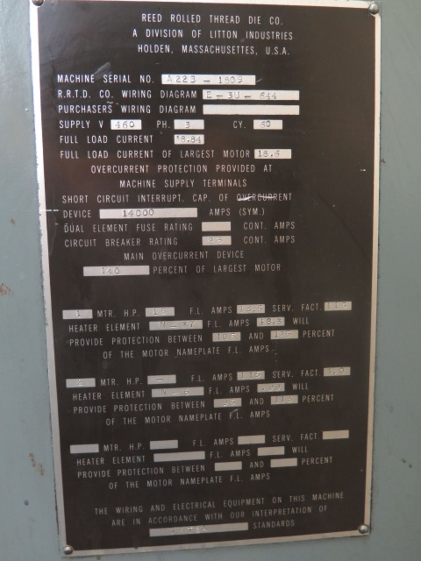 Reed / Litton No. A22B 3-Die Cylindrical Thread Rolling Machine s/n A22B-1809 w/ .250”-3.75” Work - Image 5 of 5