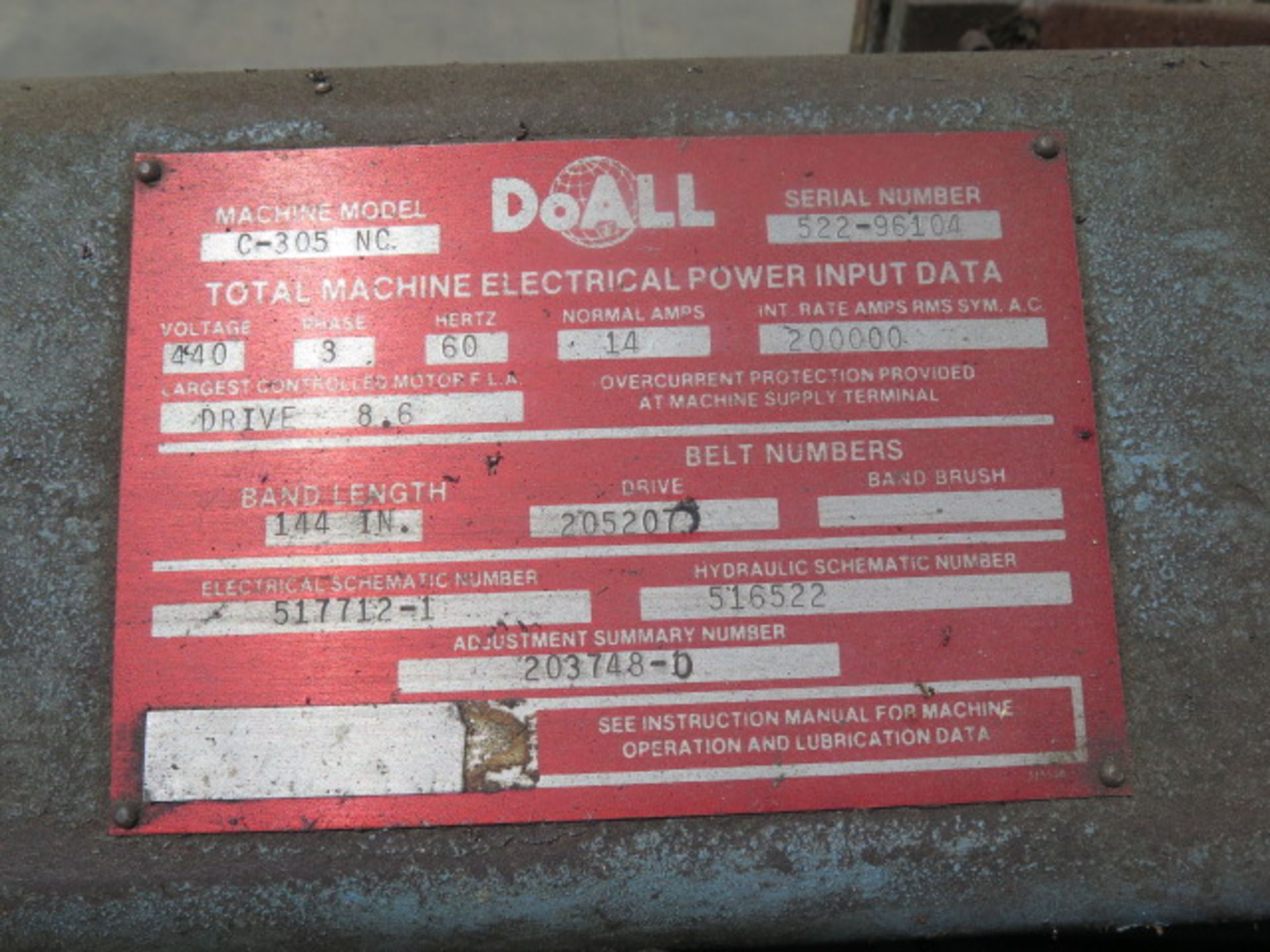 DoAll C-305NC 10” Automatic Hydraulic Horizontal Band Saw s/n 522-96104 w/ DoAll Controls, Hydraulic - Image 6 of 6