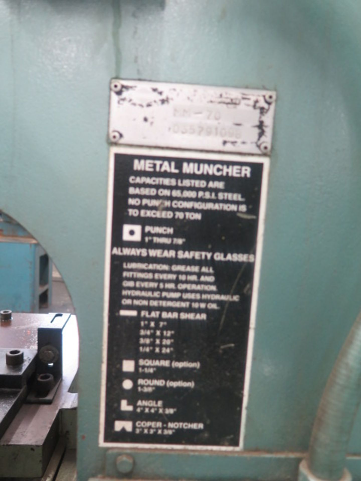 Metal Muncher mdl. MM-70 70-Ton Iron Worker s/n 035791098 w/ Punch 1” Thru 7/8”, Flat Shear 1” x 7”, - Image 7 of 7