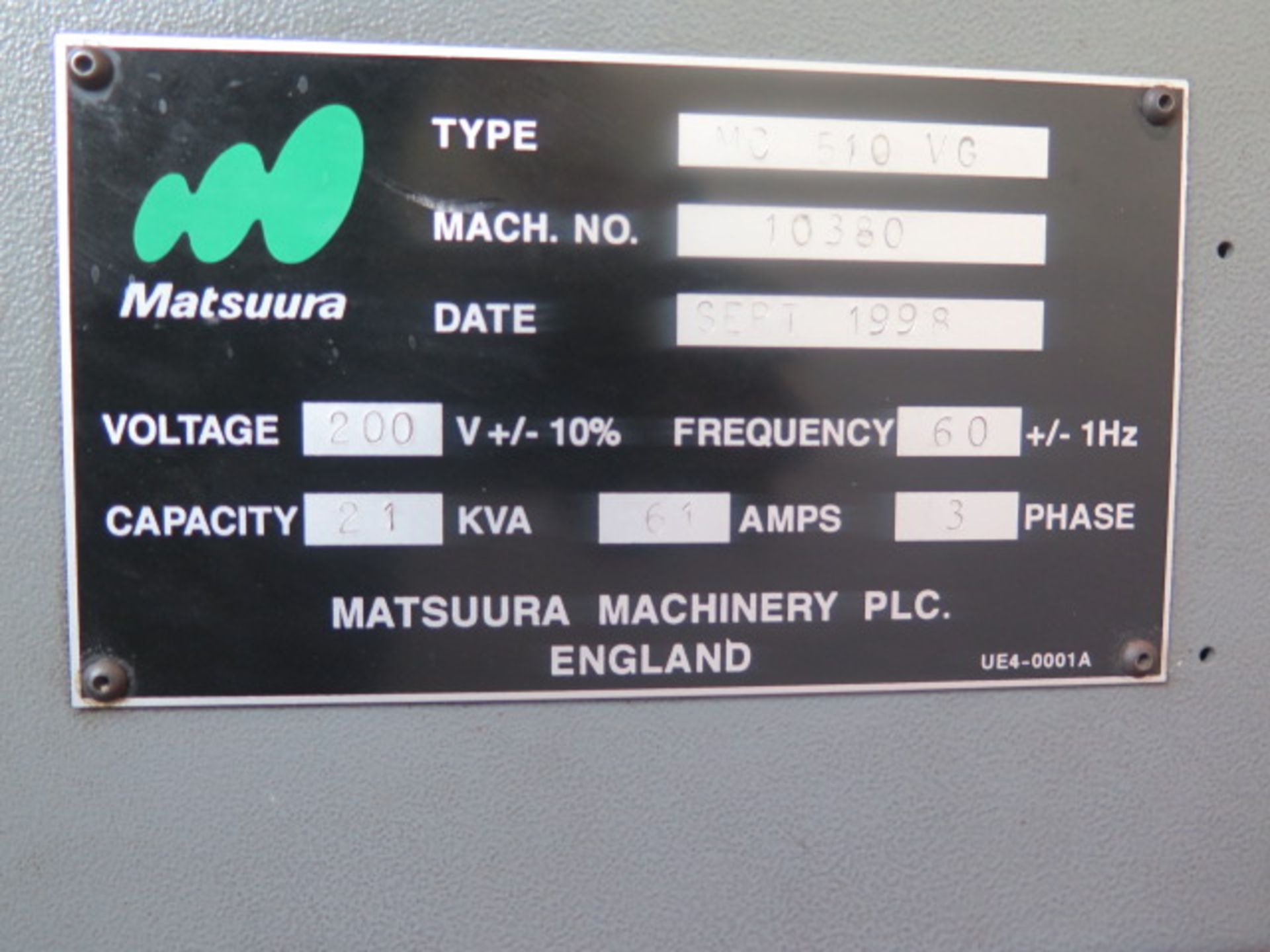 1998 Matsuura MC510VG CNC Vertical Machining Center s/n 10380 (FOR PARTS) w/ Yasnac Controls, 20- - Image 9 of 9