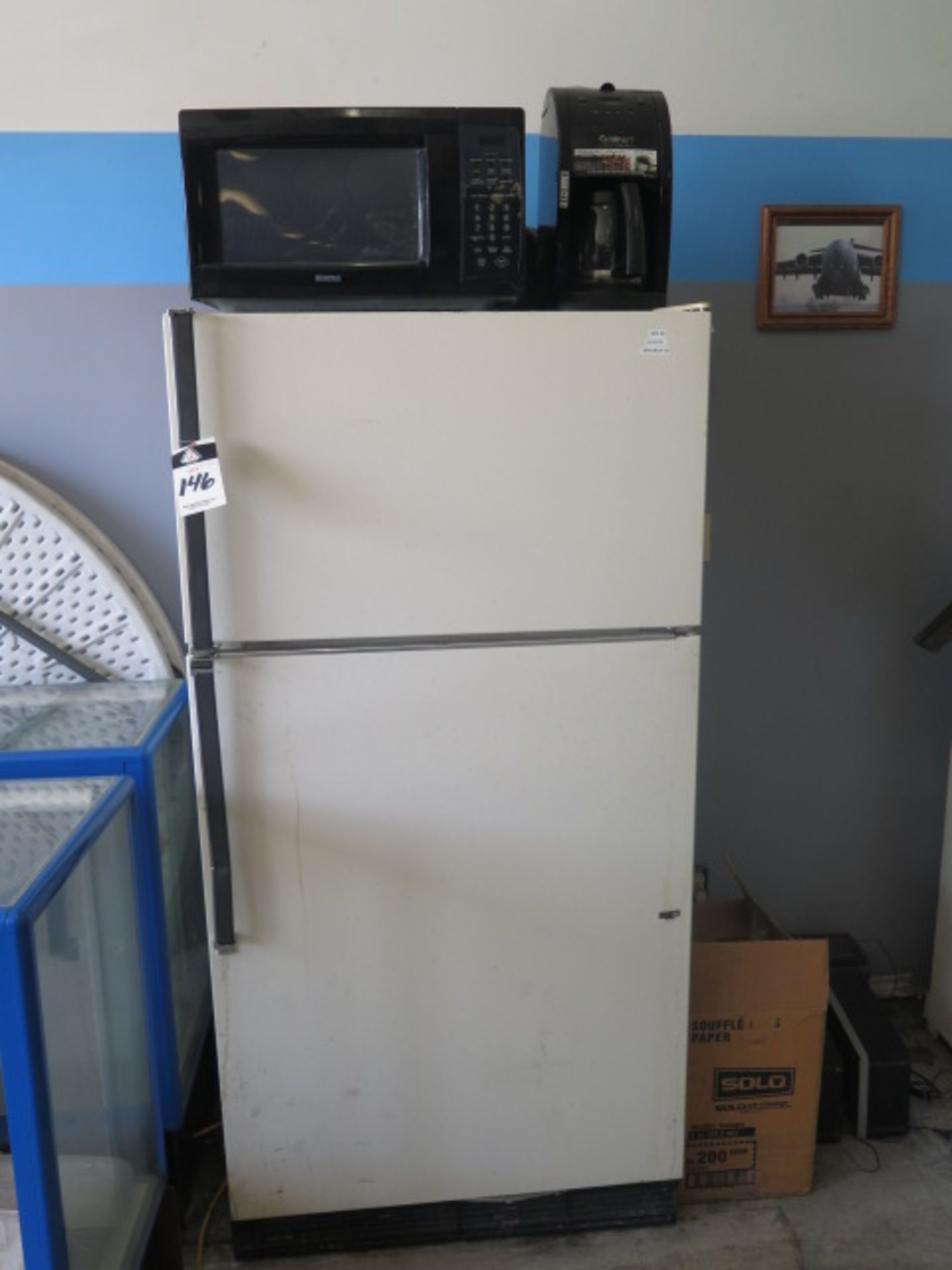 Refrigerator, Microwave and Tables
