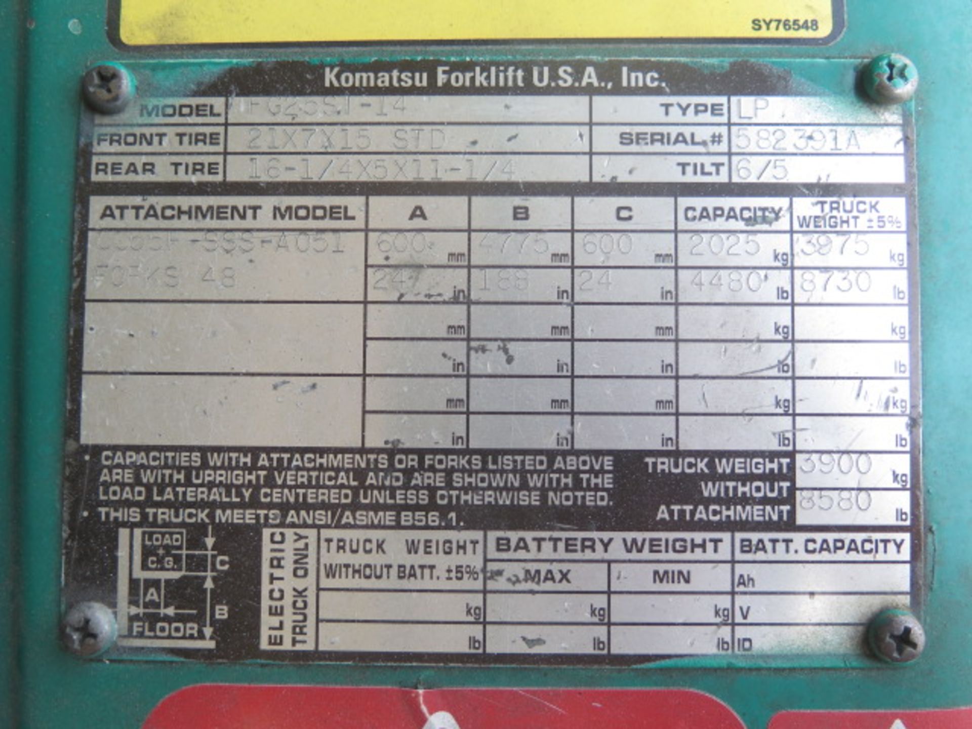 Komatsu FGC25ST-14 4480 Lb Cap LPG Forklift s/n 582391A w/ 3-Stage Mast, 188” Lift Height, Side - Image 9 of 9