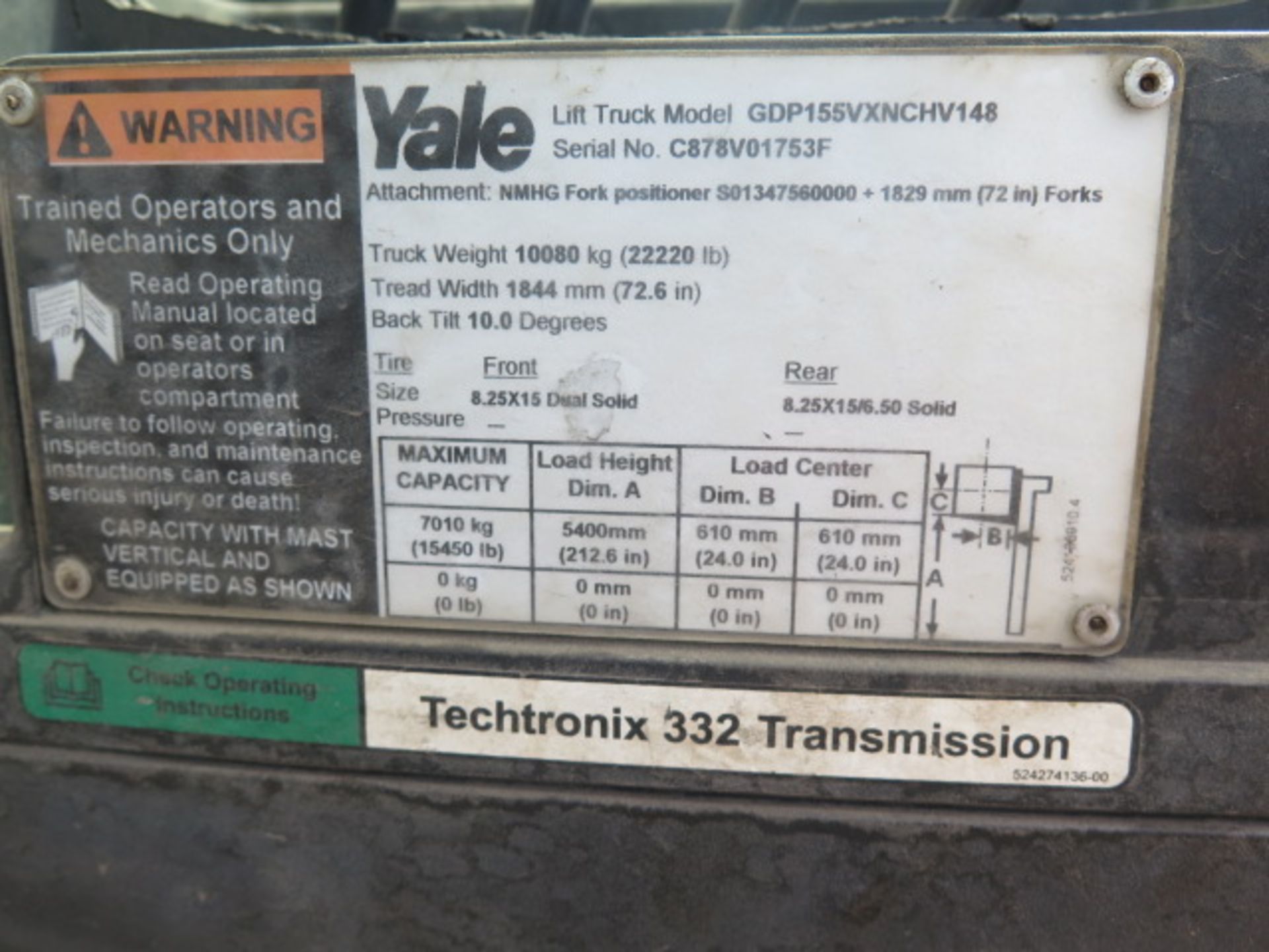 Yale GDP155VXNCHV148 15,400 Lb Cap Diesel Forklift s/n C878V01753F w/ 2-Stage Tall Mast, 212” Lift - Image 7 of 7