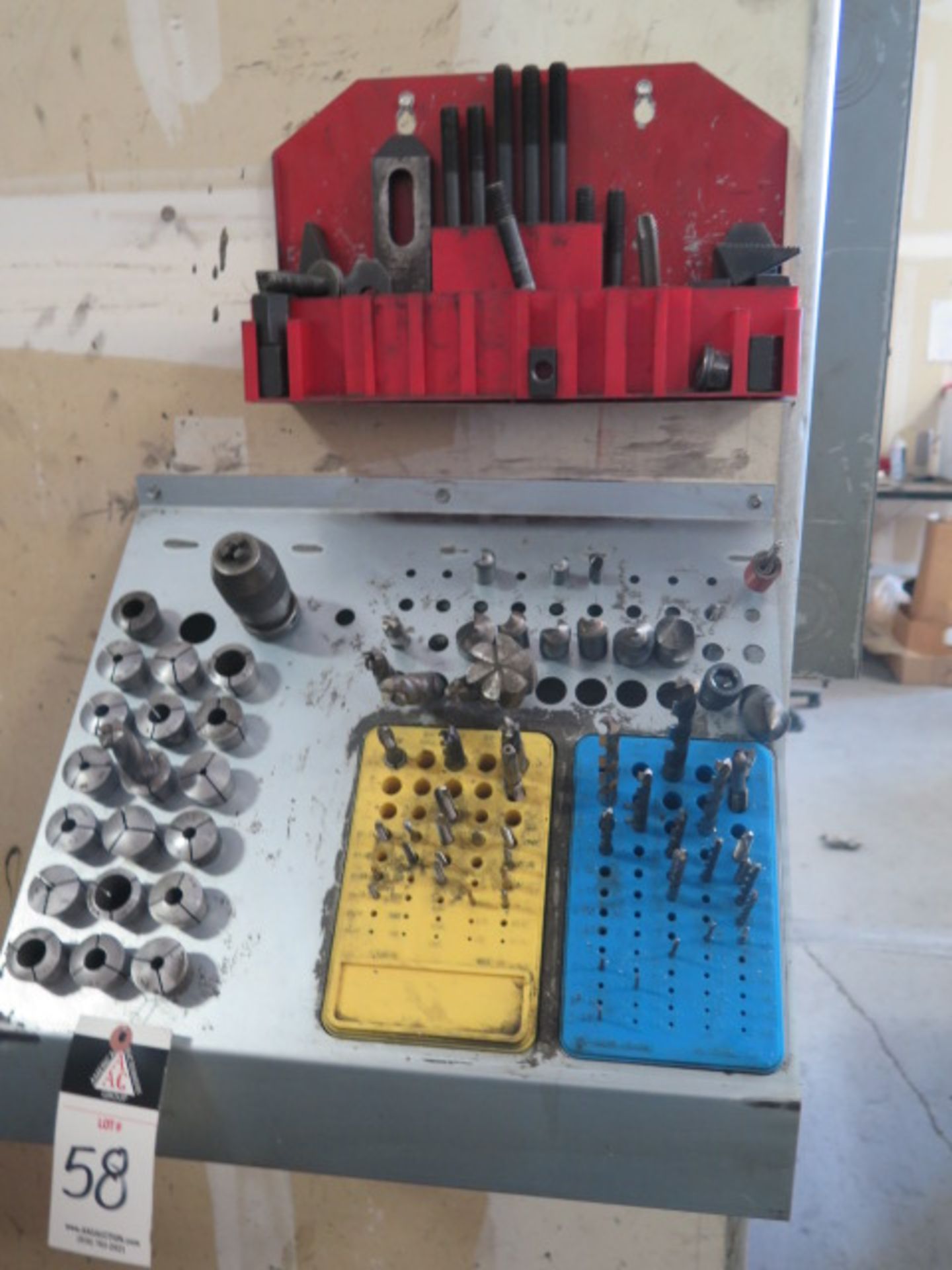 R8 Collets (19), Mill Clamps, Endmills and Drills w/ Rack